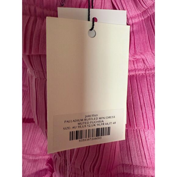 Aje Palladium Ruffled Strapless Ruffled Pleated Gauze Pink Mini Dress Size 12 - Picture 13 of 14